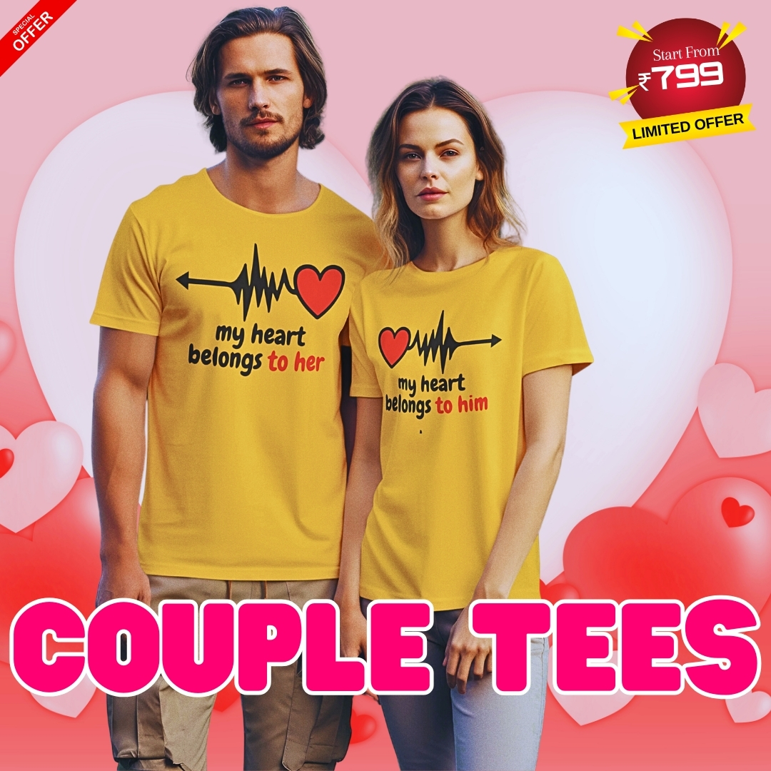 Matching couple T-shirts with heart designs for couples.