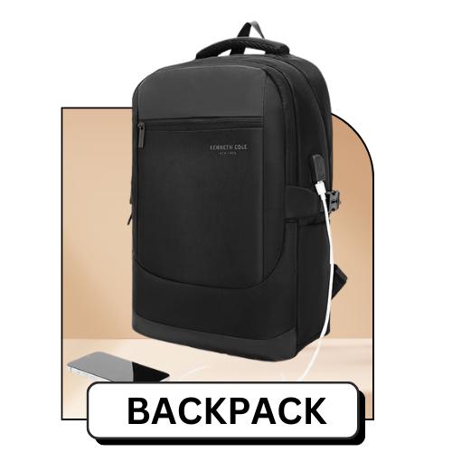 Black backpack with branding.