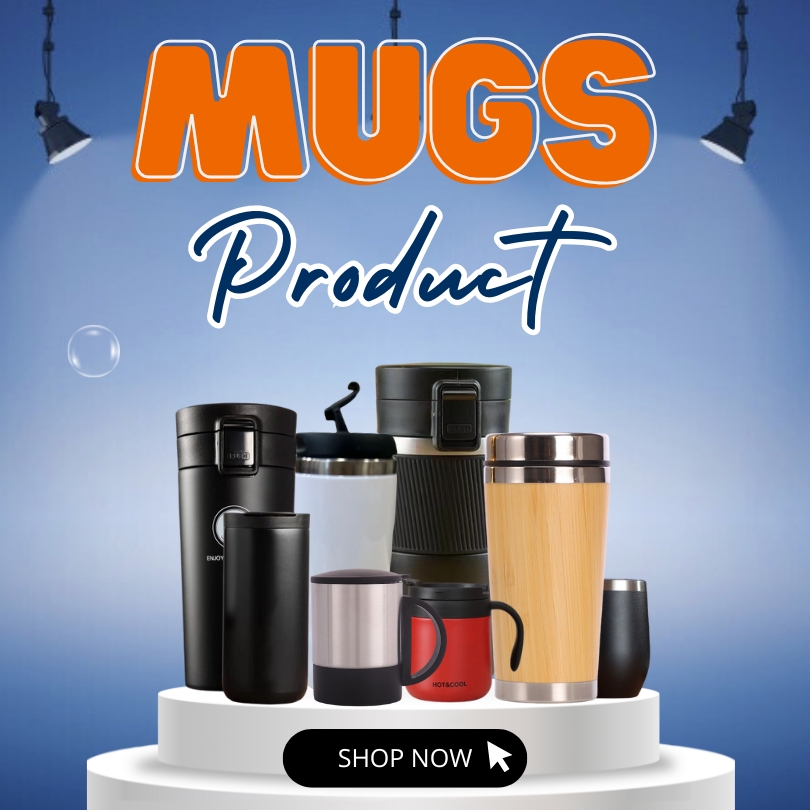 Product banner featuring mugs and bottles with different designs.