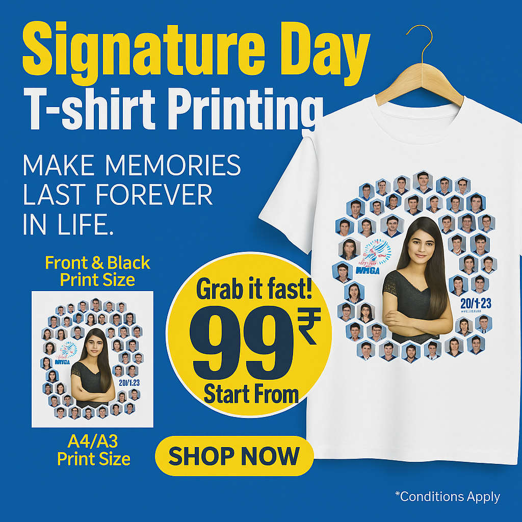 Advertisement for signature day custom t-shirt printing.