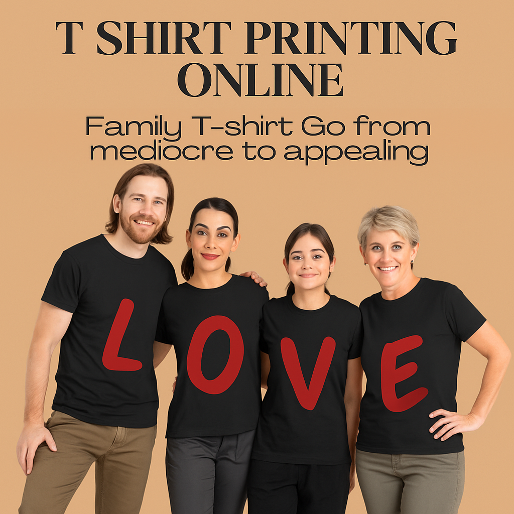 Banner offering online custom T-shirt printing with various designs.