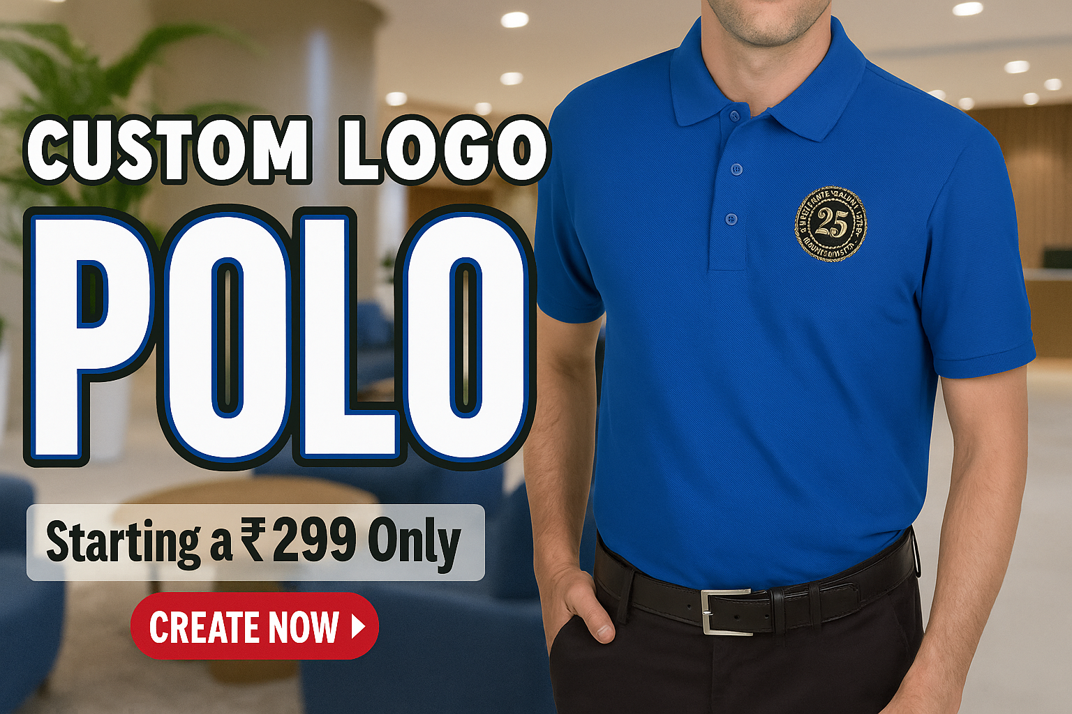 Custom polo shirts with a logo, starting from ₹299.