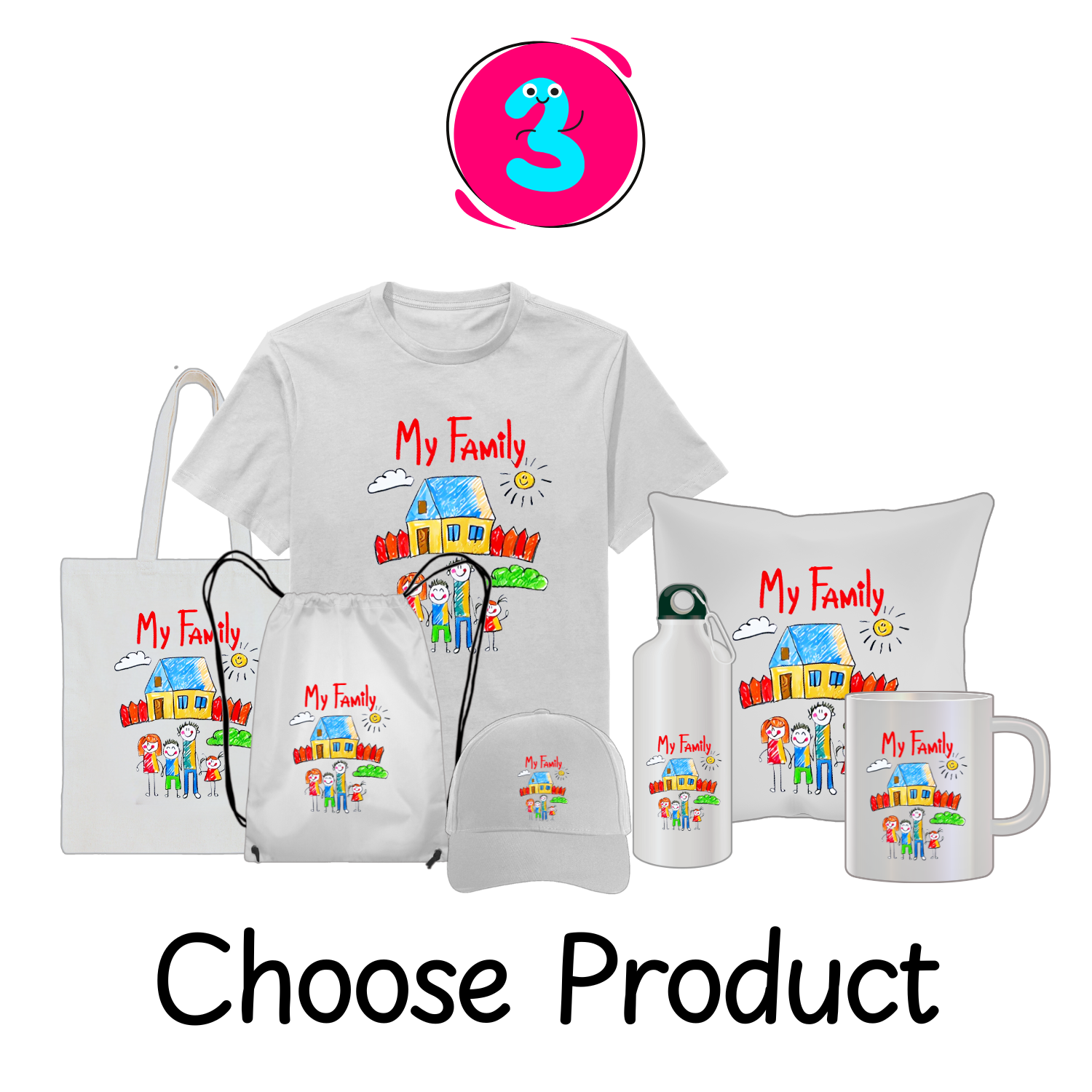 Choose Product A variety of products featuring the family drawing, including a t-shirt, mug, and bag.