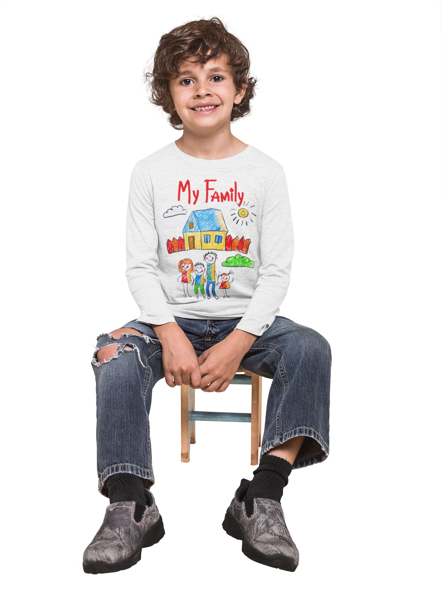 Boy in "My Family" t-shirt sitting on a small chair. A boy wearing a "My Family" t-shirt, sitting on a small chair.
