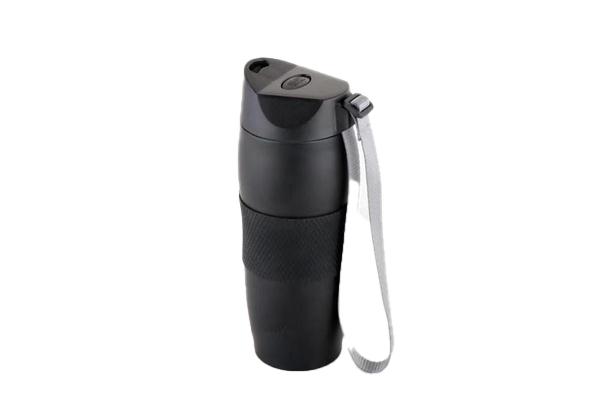 Black travel tumbler with a strap.