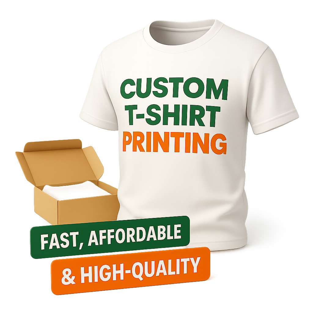Custom T-shirt printing process with design mockups and production images.